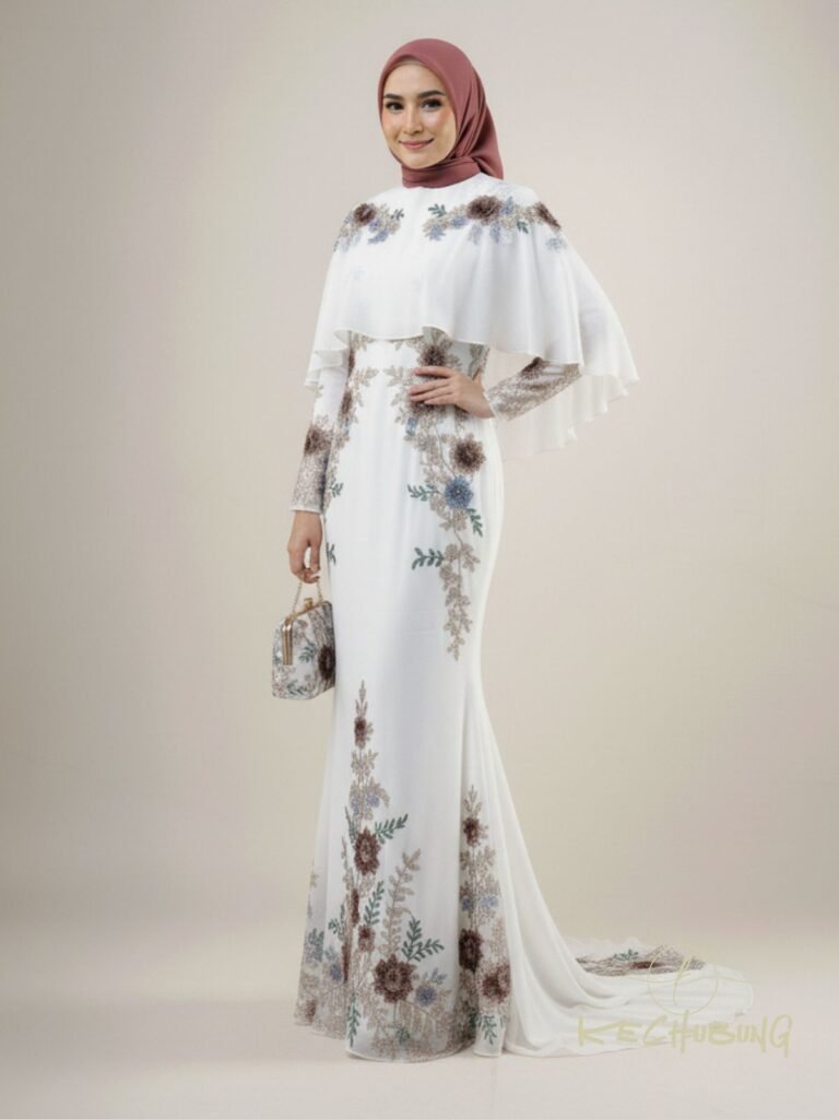 Sulaman 3D dan Patching Lace - Busana Majlis Resepsi Cape Long Dress