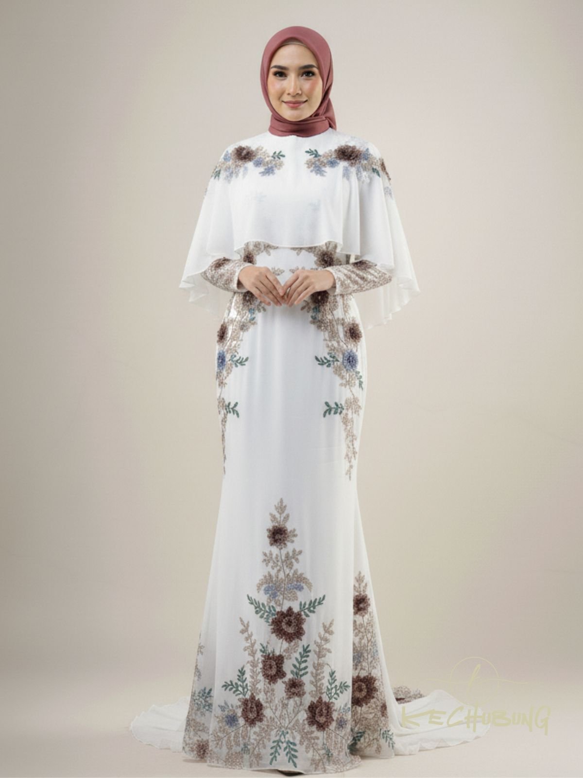 Sulam 3D dan Patching Lace - Busana Majlis Resepsi Cape Long Dress