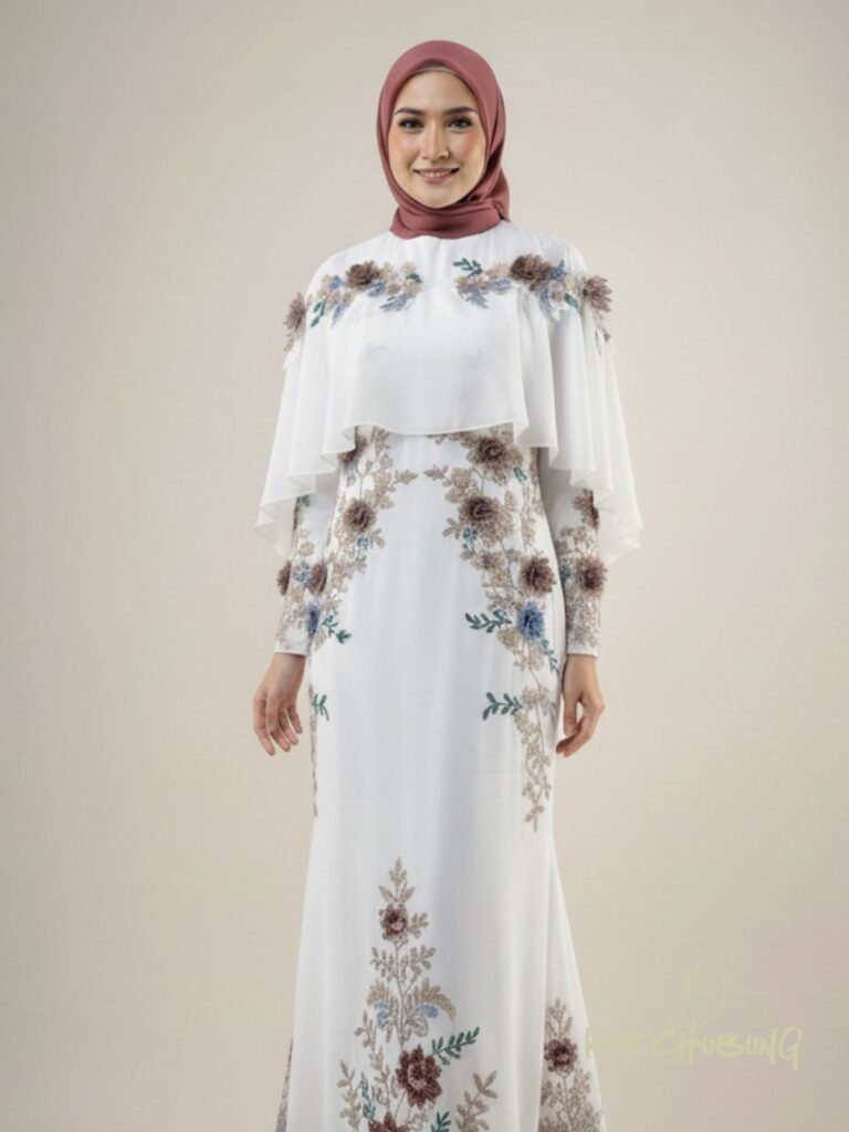 Sulaman 3D dan Patching Lace - Busana Majlis Resepsi Cape Long Dress