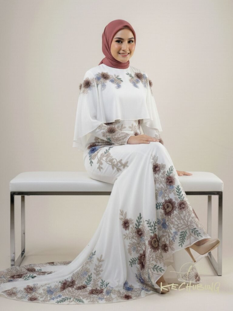 Sulaman 3D dan Patching Lace - Busana Majlis Resepsi Cape Long Dress