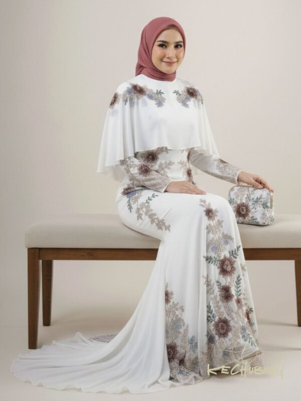 Sulaman 3D dan Patching Lace - Busana Majlis Resepsi Cape Long Dress